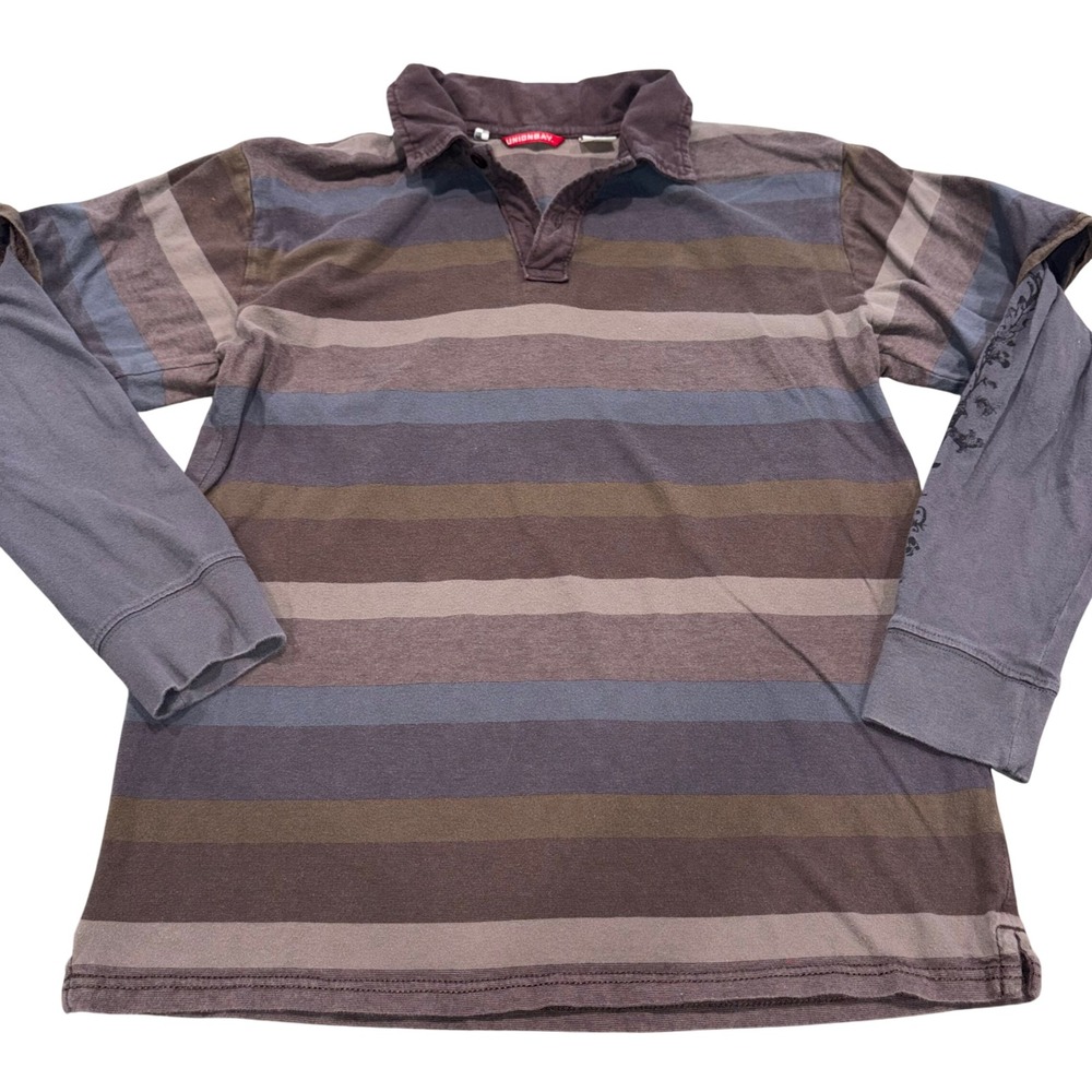 Y2K Striped Long Sleeve Polo Shirt Mens XL Brown Unionbay BT74000